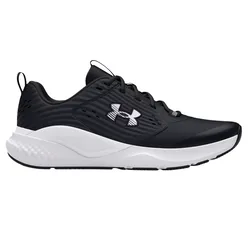 Black and white athletic shoe with a logo on the side, featuring a mesh upper, lace-up closure, and a thick white sole designed for comfort and support.