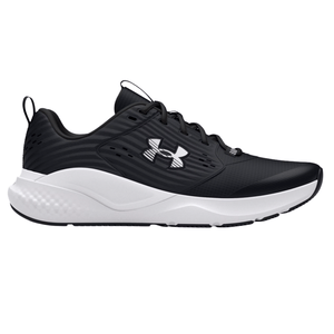 Black and white athletic shoe with a logo on the side, featuring a mesh upper, lace-up closure, and a thick white sole designed for comfort and support.