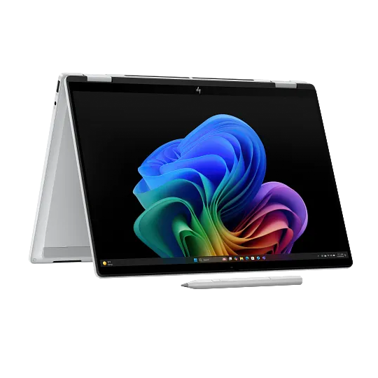 A convertible laptop with a stylus, shown in tent mode on a black background with a colorful abstract wallpaper on the screen.