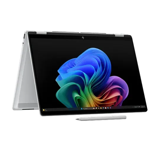 A convertible laptop with a stylus, shown in tent mode on a black background with a colorful abstract wallpaper on the screen.