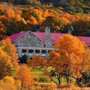 Stone house with a red roof surrounded by trees with autumn foliage.