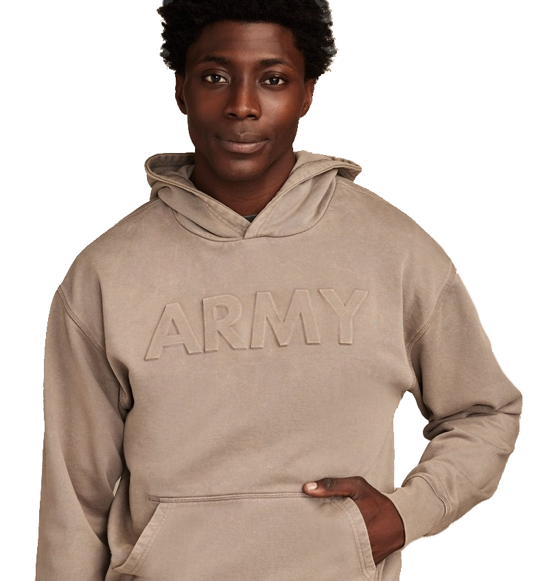 A taupe-colored hoodie with the word \“ARMY\“ embossed on the front, featuring a kangaroo pocket and a relaxed fit.