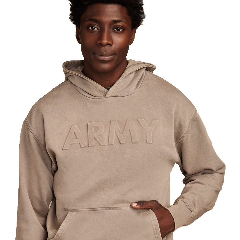 A taupe-colored hoodie with the word \“ARMY\“ embossed on the front, featuring a kangaroo pocket and a relaxed fit.