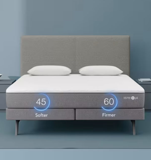 Adjustable bed with different firmness settings: one side softer at 45, the other firmer at 60.