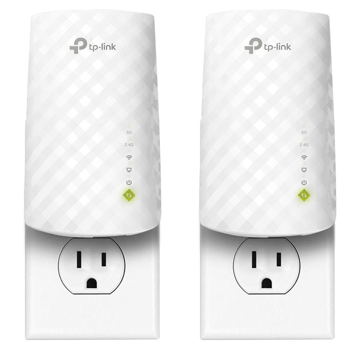 2pk TP-Link WiFi Extender enhances wireless coverage, featuring dual-band support with 5G and 2.4G indicators, and plugs directly into power outlets to boost WiFi signal.