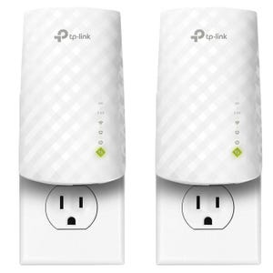 2pk TP-Link WiFi Extender enhances wireless coverage, featuring dual-band support with 5G and 2.4G indicators, and plugs directly into power outlets to boost WiFi signal.
