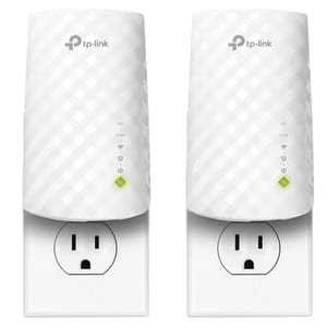 2pk TP-Link WiFi Extender enhances wireless coverage, featuring dual-band support with 5G and 2.4G indicators, and plugs directly into power outlets to boost WiFi signal.