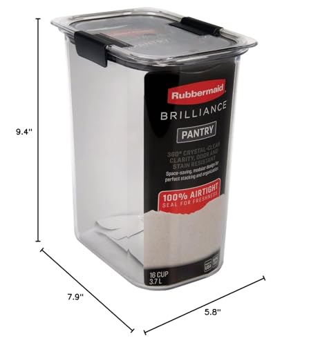 A clear, rectangular Rubbermaid Brilliance pantry container with black lid, 16-cup capacity, airtight seal; dimensions: 9.4\“ H x 7.9\“ L x 5.8\“ W.