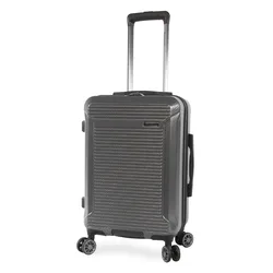 A grey hard-shell suitcase with four spinner wheels, telescopic handle, and textured exterior design.