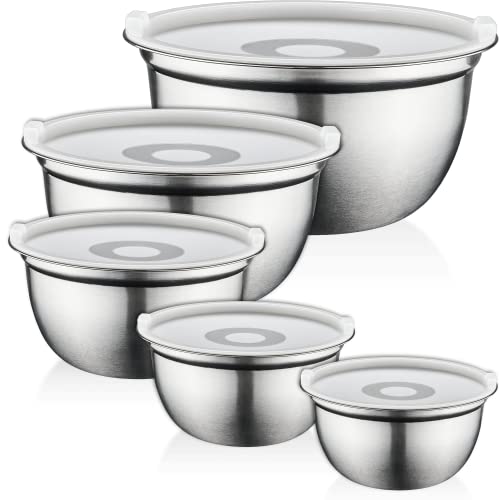 Five stainless steel mixing bowls with transparent plastic lids, in varying sizes from small to large, nested within each other.
