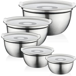 Five stainless steel mixing bowls with transparent plastic lids, in varying sizes from small to large, nested within each other.