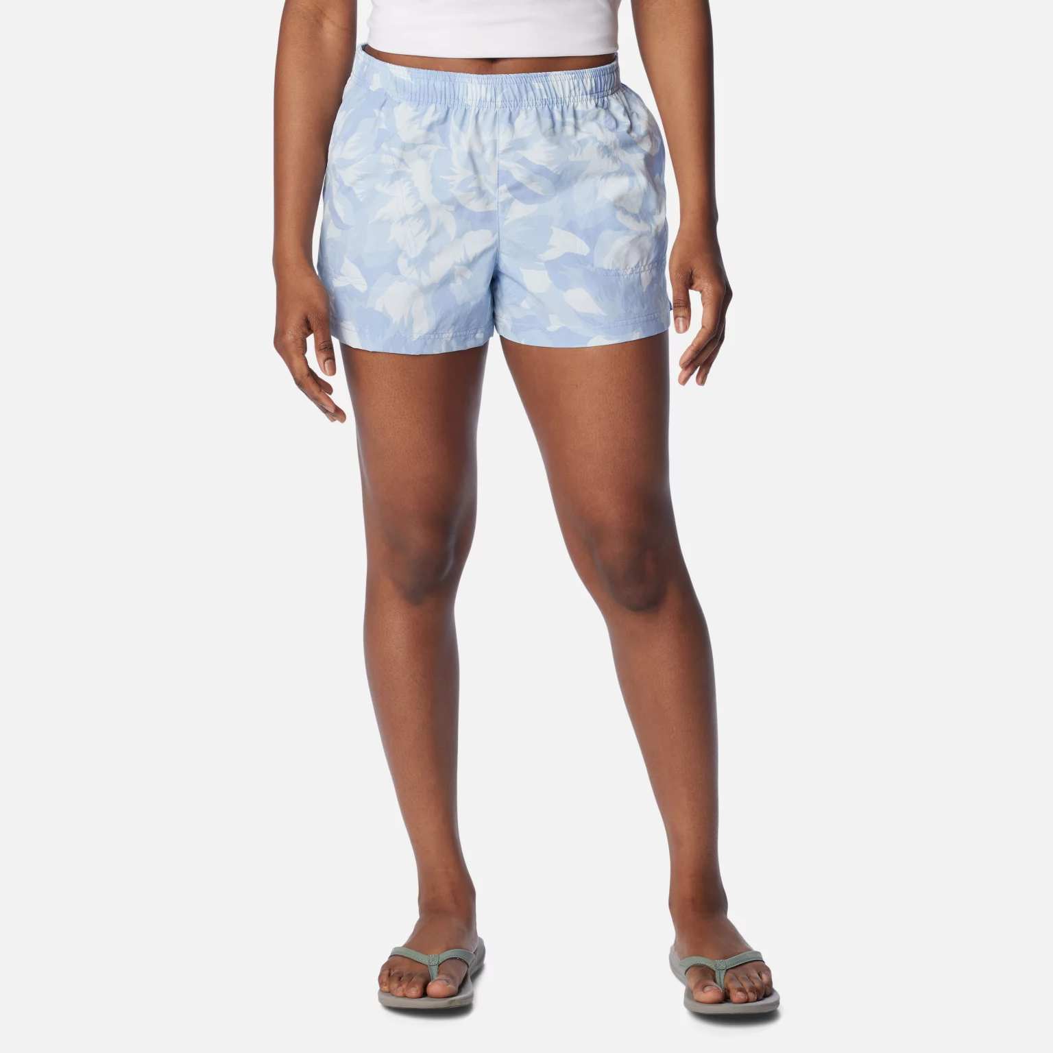 Blue and white camo print shorts paired with green slides.