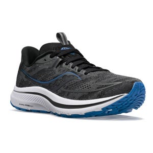 A black and blue Saucony running shoe with white midsole and blue outsole.