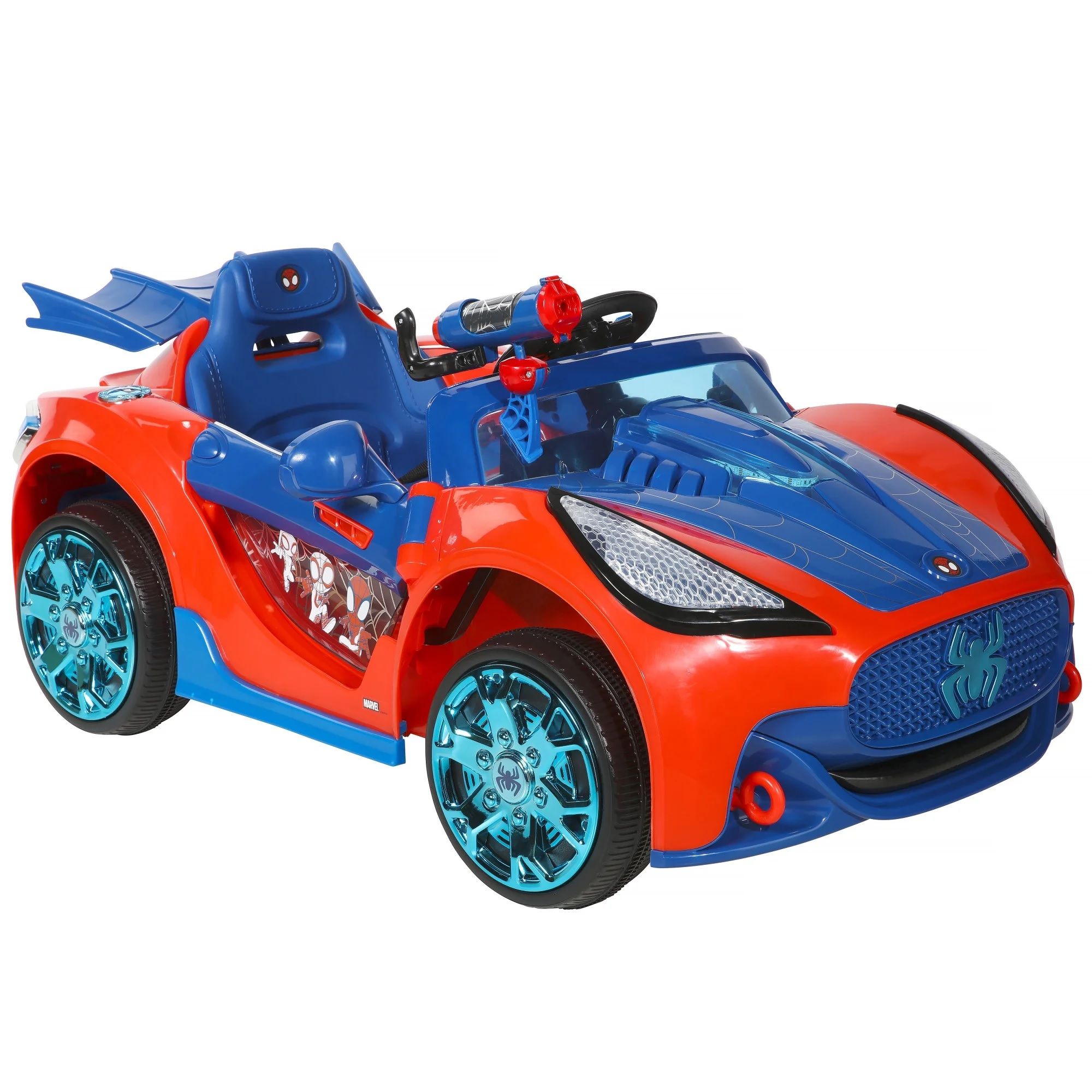 Red and blue ride-on toy car with Spider-Man theme, featuring web graphics, blue wheels, and a Spider logo on the front grille.