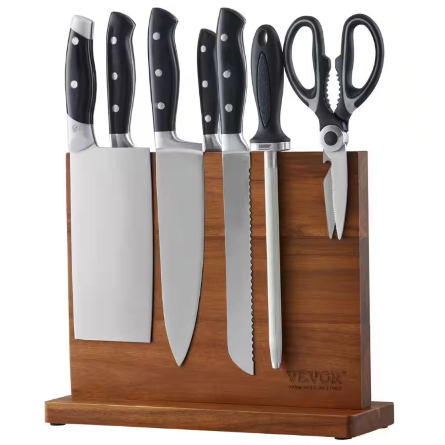 A knife block set with five knives, a honing steel, and kitchen shears, featuring black handles and stored upright in a wooden block.