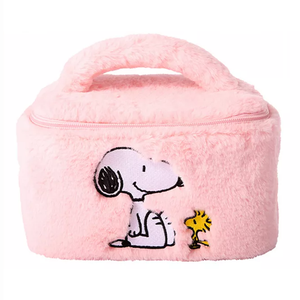 A fluffy pink cosmetic bag with a handle, featuring embroidered images of Snoopy and Woodstock on the side. It has a zipper closure on the top.
