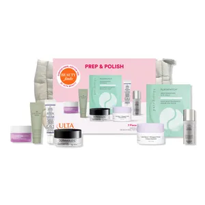 Ulta Beauty Prep & Polish set includes seven skincare items: Patchology eye gels, Lala Retro Whipped Cream, Dermablend, Good Genes treatment, Origins cream, and two other treatments, designed for facial care and rejuvenation.