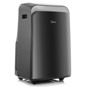 A Midea portable air conditioner with wheels, featuring a sleek black design.