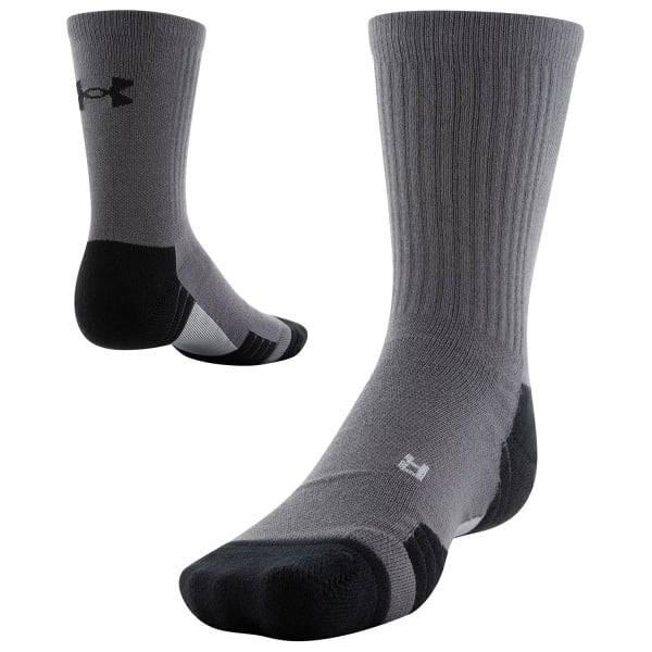 Gray and black crew socks with a ribbed design, featuring a logo near the top and reinforced heels and toes.