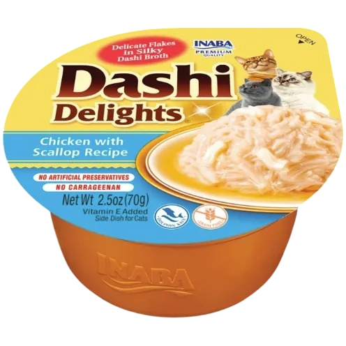Dashi Delights Chicken with Scallop Recipe for cats, featuring delicate flakes in dashi broth, no artificial preservatives or carrageenan, net weight 2.5 oz (70g).