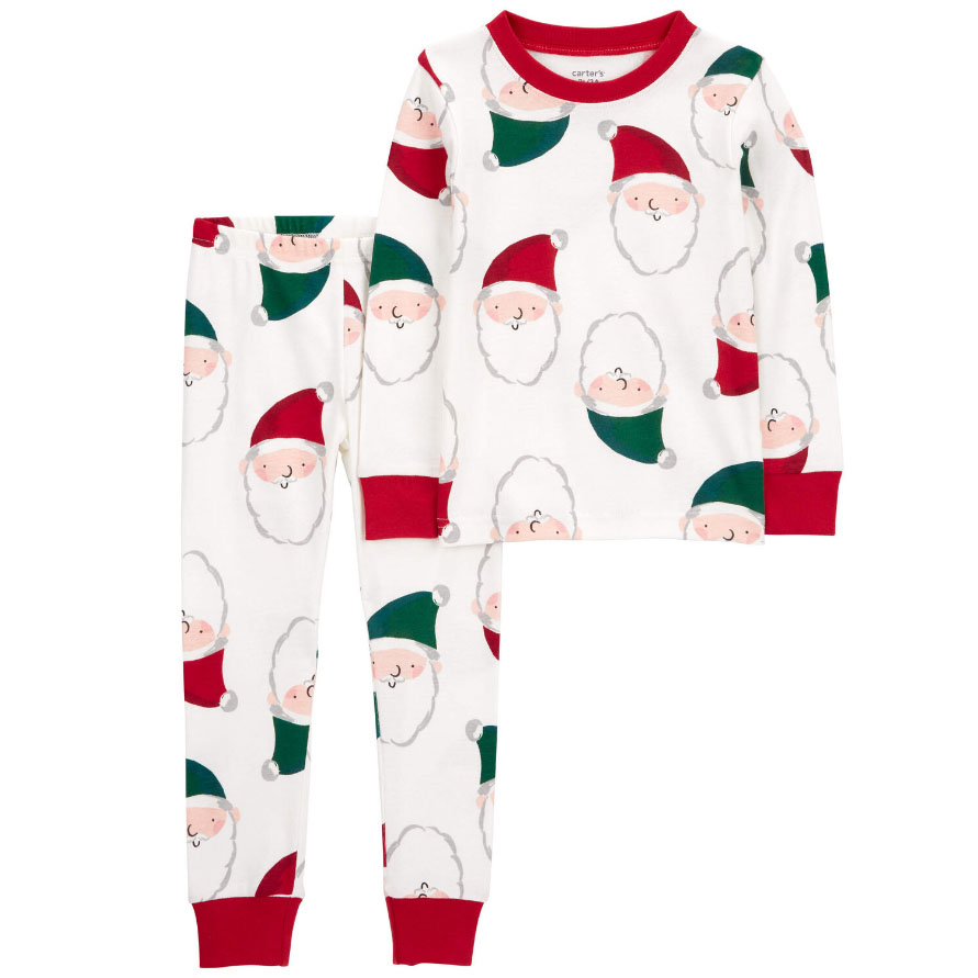 A two-piece pajama set featuring a pattern of cartoon Santa Claus faces, with red cuffs at the wrists and ankles.