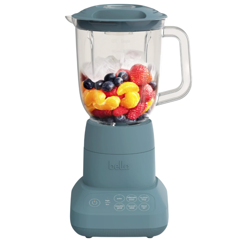 A blue Bella blender with a transparent jar containing assorted fruits like strawberries, raspberries, blueberries, and orange segments. The control panel displays options for blending, chopping, and grinding.
