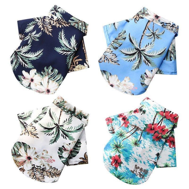 Four dog shirts with tropical floral patterns in navy, light blue, white, and turquoise are displayed. Each shirt features a palm leaf and flower design.