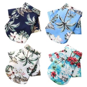 Four dog shirts with tropical floral patterns in navy, light blue, white, and turquoise are displayed. Each shirt features a palm leaf and flower design.