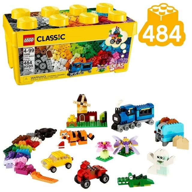 A LEGO Classic brick set with a variety of colored bricks and examples of possible builds like animals, vehicles, and a house.