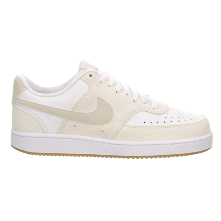 A white and beige low-top sneaker with perforated detailing on the toe box, featuring a swoosh logo on the side and a gum rubber sole.
