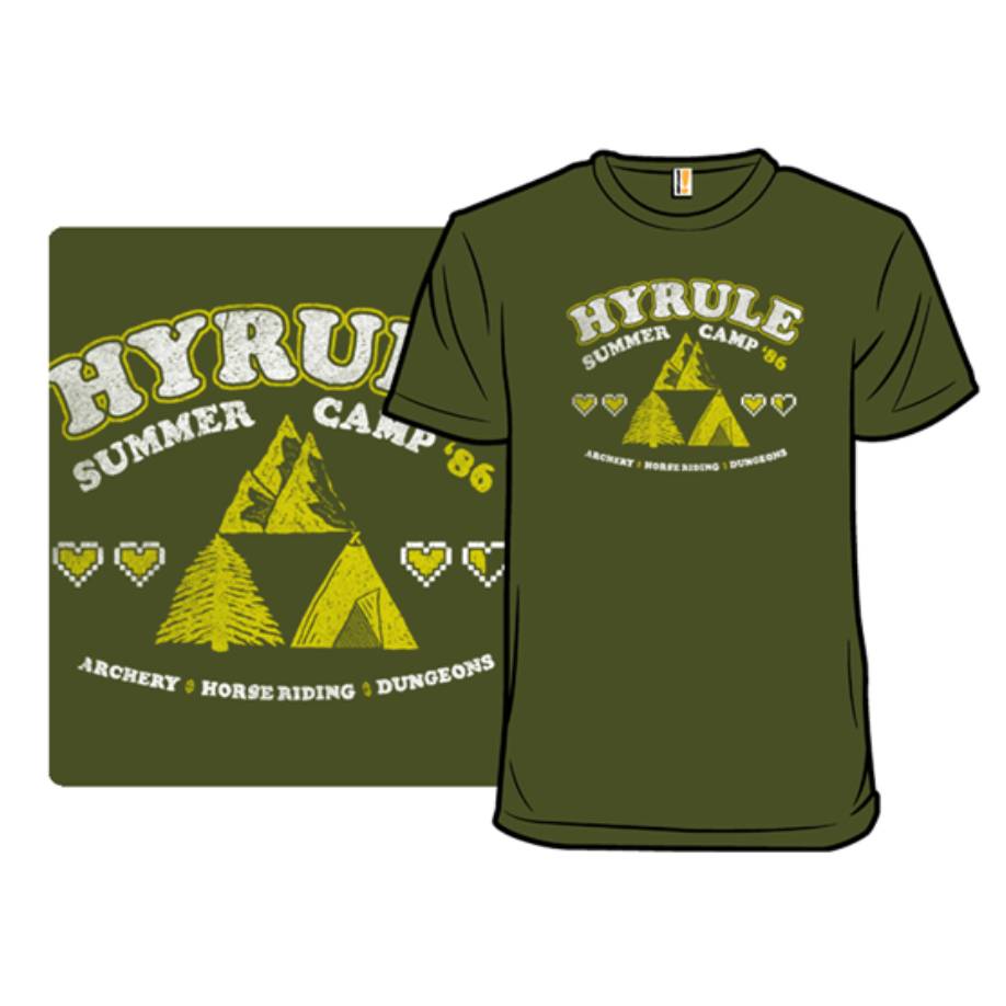 Green T-shirt featuring a \“Hyrule Summer Camp '86\“ design with the Triforce symbol, trees, and hearts, highlighting activities such as archery, horse riding, and dungeons.