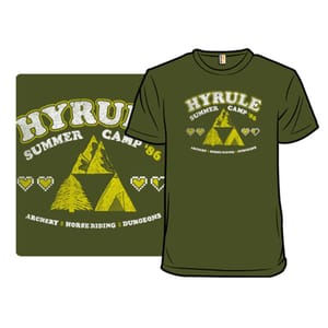 Green T-shirt featuring a \“Hyrule Summer Camp '86\“ design with the Triforce symbol, trees, and hearts, highlighting activities such as archery, horse riding, and dungeons.