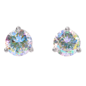 A pair of round iridescent stud earrings with silver prong settings, showcasing a multicolored, reflective appearance.
