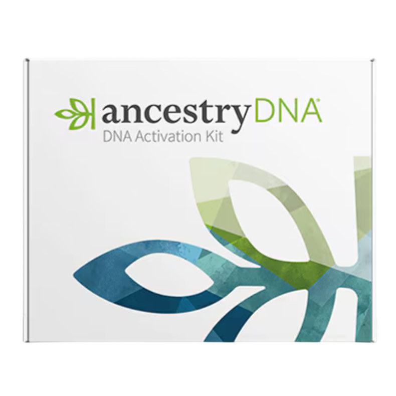 AncestryDNA DNA Activation Kit, featuring a leaf design on the packaging.