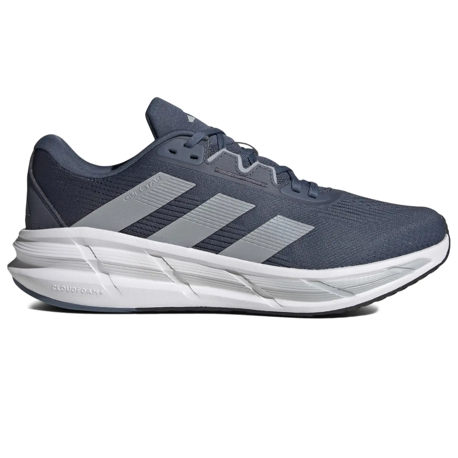 Adidas Men's Questar Running Shoes feature a sleek navy design with three silver stripes, a breathable upper, and a cushioned Cloudfoam sole for comfort and support during runs.