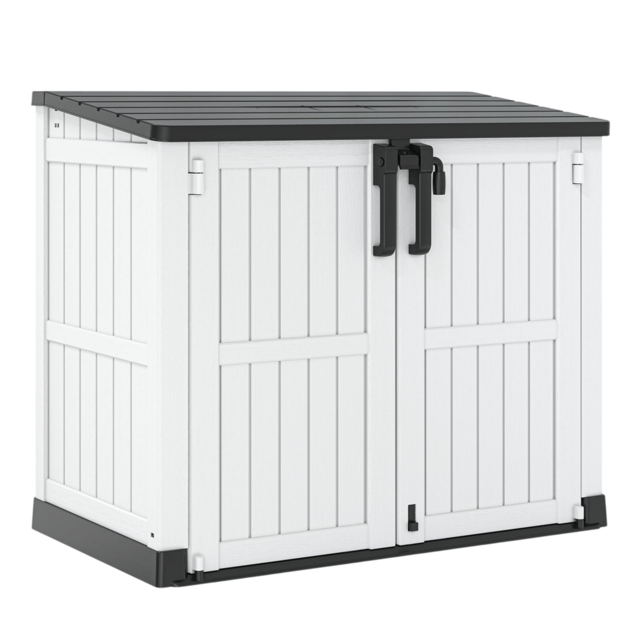 White outdoor storage shed with black lid and latch handles, featuring double doors.