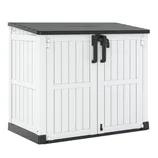White outdoor storage shed with black lid and latch handles, featuring double doors.