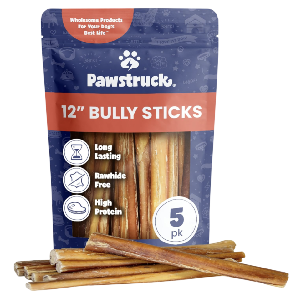 Pawstruck 12\“ Bully Sticks, 5-pack; long-lasting, rawhide-free, high-protein dog treats.
