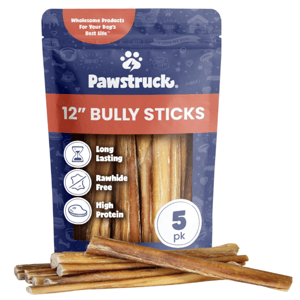 Pawstruck 12\“ Bully Sticks, 5-pack; long-lasting, rawhide-free, high-protein dog treats.