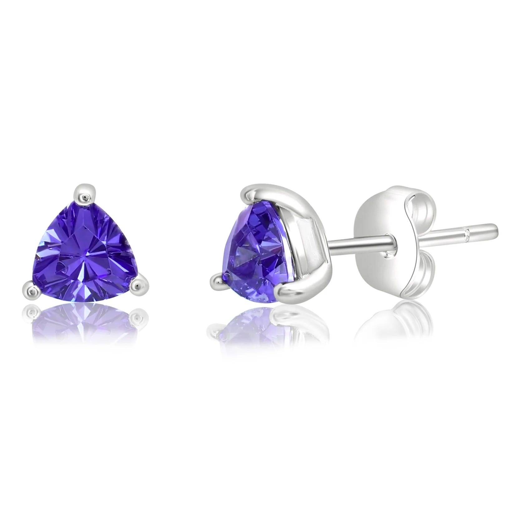 Pair of earrings featuring triangle-shaped purple gemstones set in silver prongs with butterfly backs.
