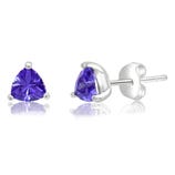 Pair of earrings featuring triangle-shaped purple gemstones set in silver prongs with butterfly backs.