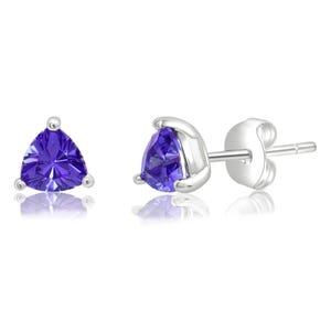 Pair of earrings featuring triangle-shaped purple gemstones set in silver prongs with butterfly backs.