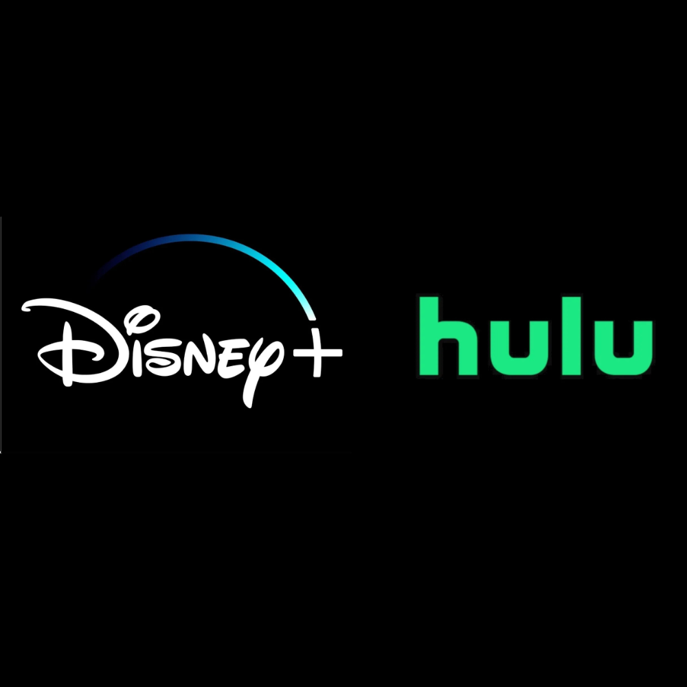 Logos of Disney+ and Hulu on a black background.