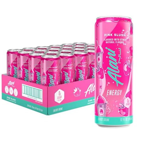 A 24-pack of Alani Nu Energy Drinks in the \“Pink Slush\“ flavor, featuring vibrant pink cans with branding and a sugar-free label, containing 12 fl oz each.