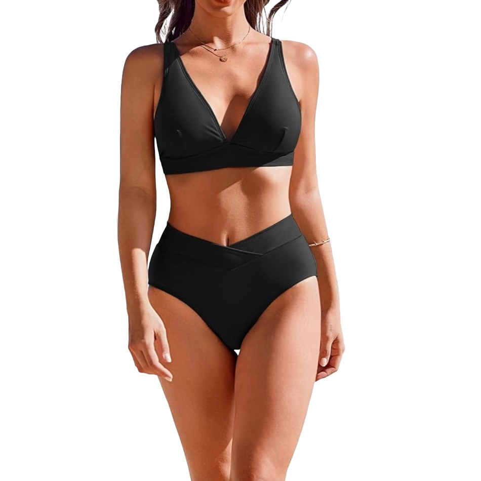 A black bikini set featuring a V-neck top and high-waisted bottoms with a cross-over detail.