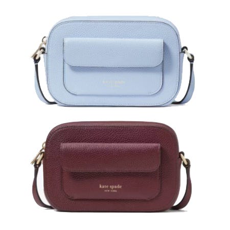 Two small leather crossbody bags, one in light blue and another in deep red-brown.