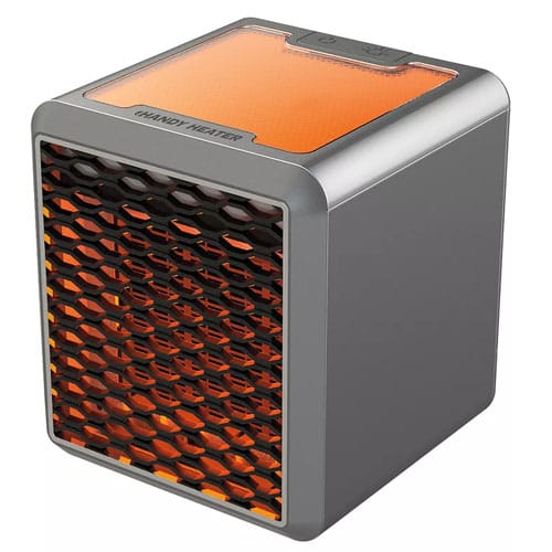 Ontel Handy Heater is a compact, portable electric heater with a square design, featuring a front grille for heat distribution and a control panel on top, providing quick and efficient heating for small spaces.
