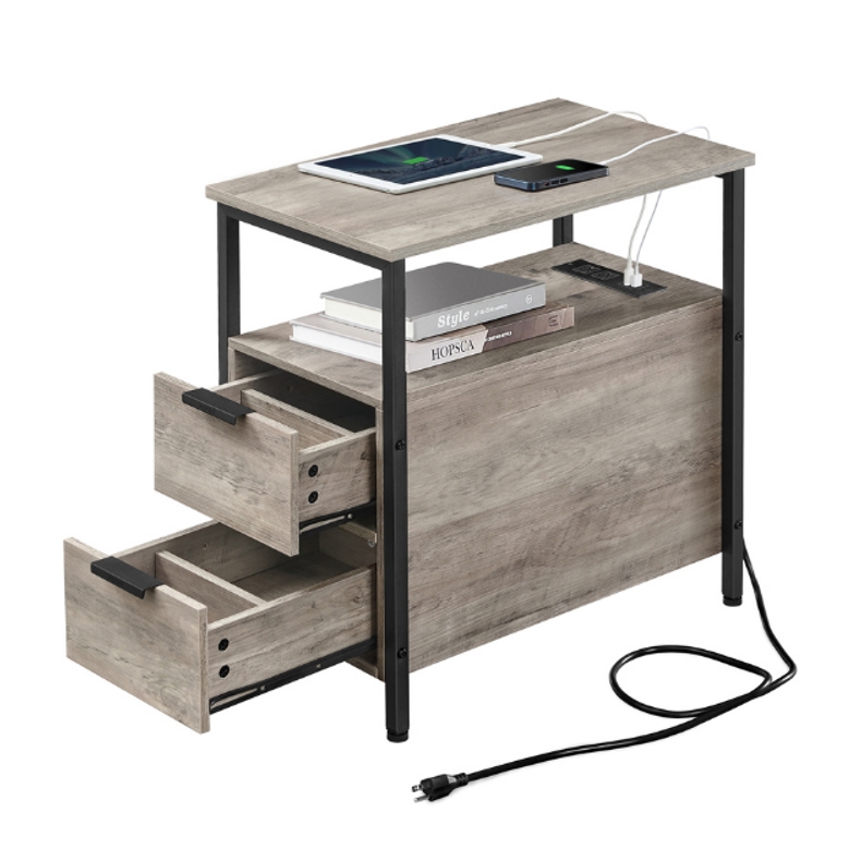 A wooden side table with two open drawers, featuring built-in USB and power outlets on top, suitable for charging devices.
