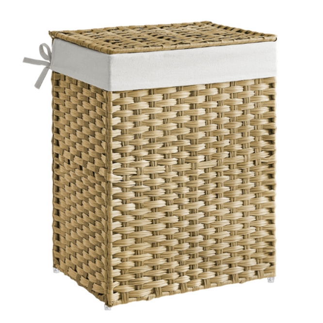 A rectangular woven wicker laundry hamper with a white fabric lining and lid, featuring a decorative side tie.