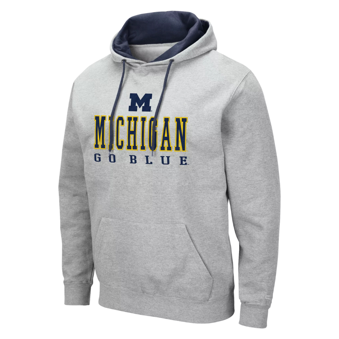 Gray hoodie with \“Michigan Go Blue\“ text and logo in blue and yellow, featuring a front pocket and a dark blue lined hood.